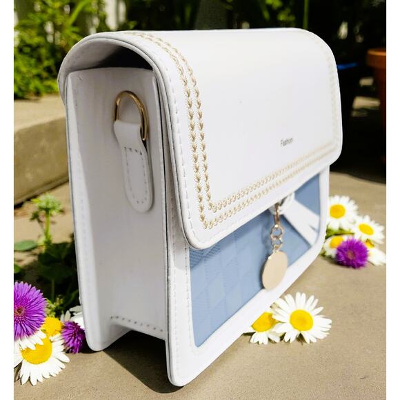 Purse Women Small White & Blue with Gold Stitch Trim on Flap - Picture 2 of 5